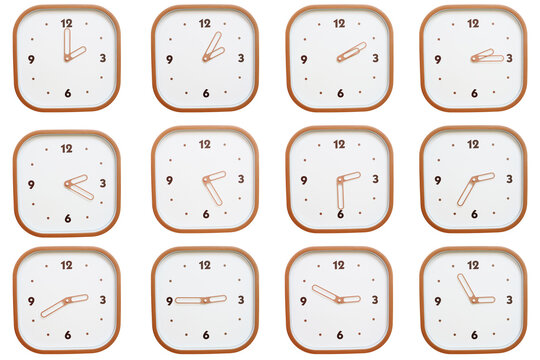 Minimalist grid of twelve square clocks showing 02:00 to 02:55 or 14:00 to 14:55 isolated on white background.