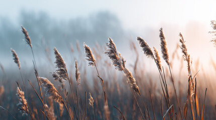 Golden reeds in a misty morning landscape