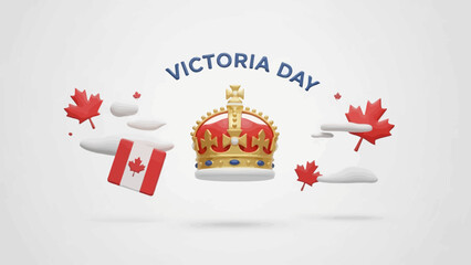 Victoria Day Crown, Maple Leaves, and Canadian Flag 3D Illustration