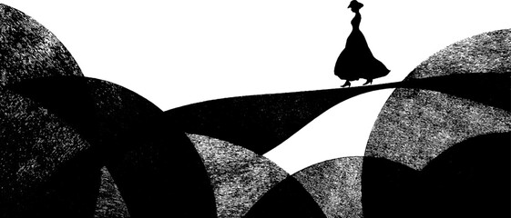 Silhouette of female figure walking on abstract landscape in black and white