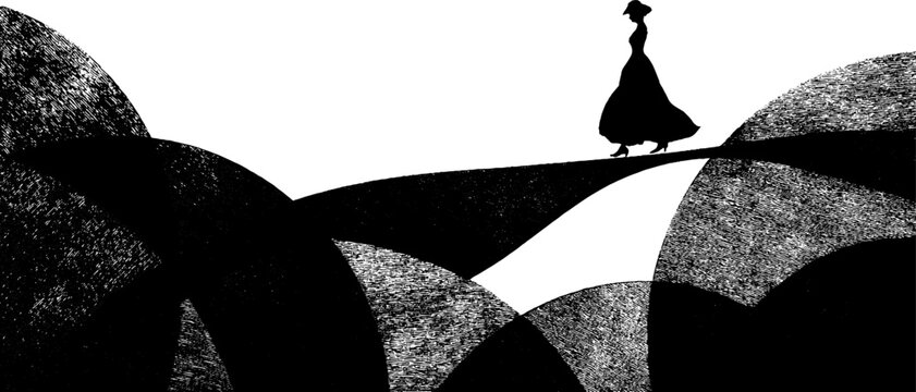 Silhouette of female figure walking on abstract landscape in black and white