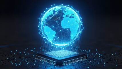 Glowing blue earth on microchip with network connections worldwide
