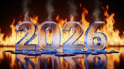Melting 2026 ice numbers on fire background symbolizing climate change