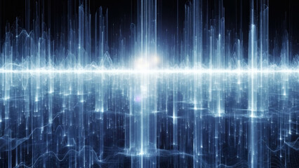 A futuristic digital landscape with glowing blue lines and a bright light in the center