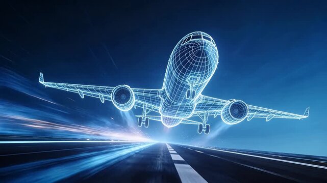 Wireframe airplane model in flight over runway against dark blue sky, dynamic low perspective