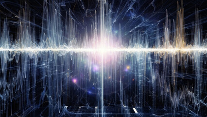 A vibrant digital artwork depicting a bright light in a dark background with sound wave patterns
