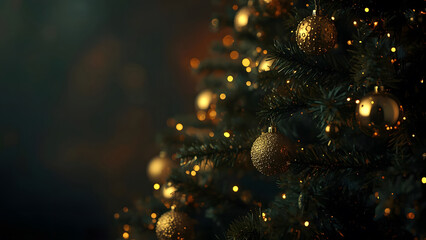 Close up of a decorated Christmas tree with golden ornaments and bokeh lights, festive mood