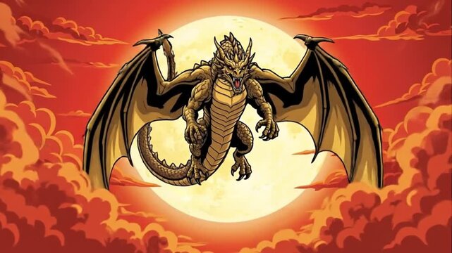Epic golden dragon flying under full moon illustration