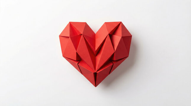 A red threedimensional origami heart features geometric paper facets on a minimal white background conveying modern romantic charm