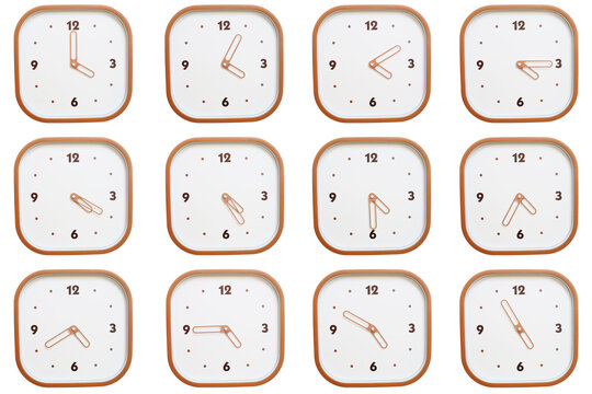 Minimalist grid of twelve square clocks showing 04:00 to 04:55 or 16:00 to 16:55 isolated on white background.