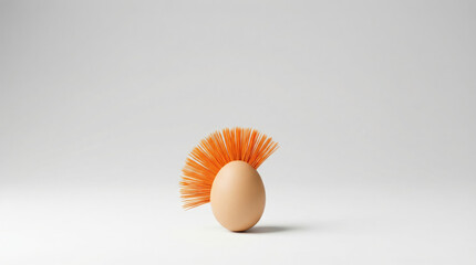 A single beige egg wearing a playful orange bristle mohawk standing on a clean white surface and casting a soft shadow creating a whimsical minimalist mood