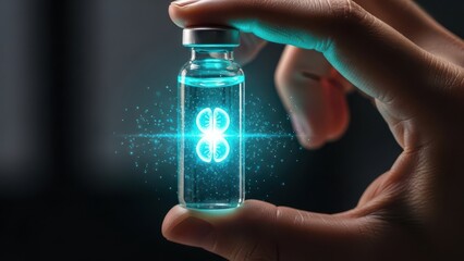 Hand holding glowing vaccine vial with futuristic blue light