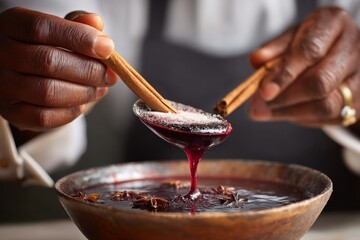 Hands holding wooden spoon over bowl of Vinho Quente garnished with star anise and sugar. Concept of warm, inviting atmosphere, perfect for Portuguese festive gatherings. 