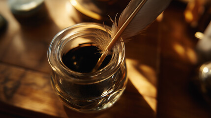 inkwell. A vintage desk featuring a feather quill and inkwell, illuminated by warm side lighting. real-estate listings.