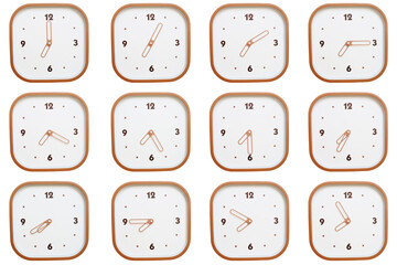 Minimalist grid of twelve square clocks showing 07:00 to 07:55 or 19:00 to 19:55 isolated on white background.