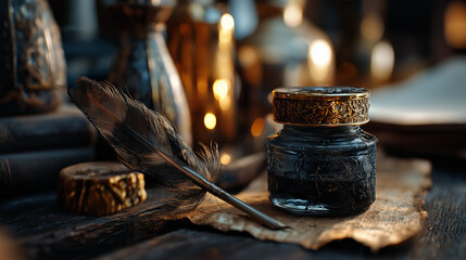 inkwell. A vintage desk featuring a feather quill and inkwell, illuminated by warm side lighting. real-estate listings.