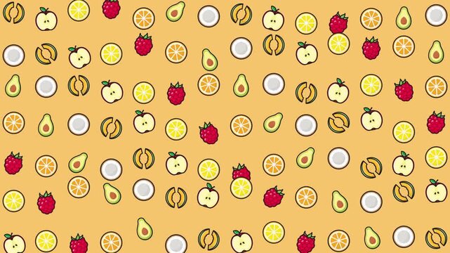 Fruit pattern featuring apples, oranges, strawberries, and avocados. Perfect for kitchen decor or foodrelated designs. Colorful and refreshing.