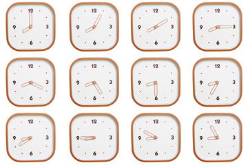 Minimalist grid of twelve square clocks showing 08:00 to 08:55 or 20:00 to 20:55 isolated on white background.