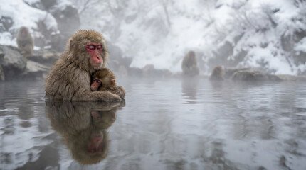 Adult Japanese macaque warmly hugging infant in a steaming snow fed hot spring creating a tender peaceful winter scene with soft reflection and falling snow