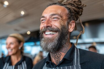 Bearded man with dreadlocks laughing in cafe