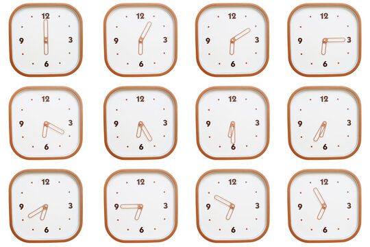 Minimalist grid of twelve square clocks showing 06:00 to 06:55 or 18:00 to 18:55 isolated on white background.