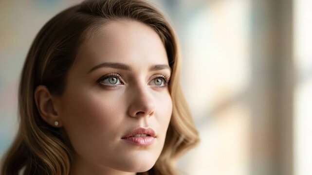 Serene Thoughtful Woman Gazing Forward with Focused Intention with Copy Space