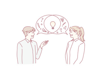 Teamwork, collaborating and ideas concept. Smiling man and woman colleagues standing generating ideas discussing business together vector illustration