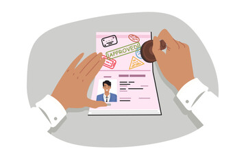Visa stamp is placed in international passport by hands of customs inspector working at airport. Visa and permission to stay in country, inside personal documents of man going on emigration or travel
