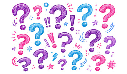 Colorful hand-drawn question marks and exclamation points scattered on a white background