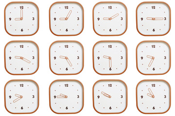 Minimalist grid of twelve square clocks showing 09:00 to 09:55 or 21:00 to 21:55 isolated on white background.