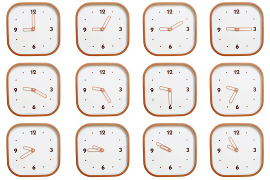 Minimalist grid of twelve square clocks showing 09:00 to 09:55 or 21:00 to 21:55 isolated on white background.