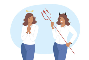 Struggle good and evil in soul of business woman who chooses style of management and development. Business woman with halo above head arrived from heaven, next to lady with horns was devil from hell