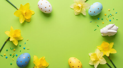 Cheerful Easter arrangement with painted polka dot eggs bright yellow daffodils star confetti and a white ceramic bunny on a lime green background