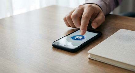 Man Activating Digital Security on Smartphone Using Padlock Shield App Icon