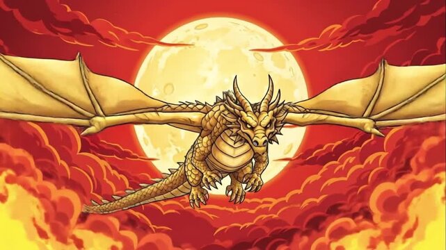 Golden Dragon Flying Full Moon Red Sky Epic