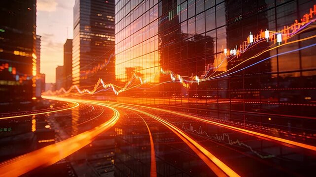 Financial charts over glowing cityscape with skyscrapers and light trails, dynamic perspective