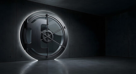 Massive futuristic bank vault door illuminated in a dark, secure concrete chamber.