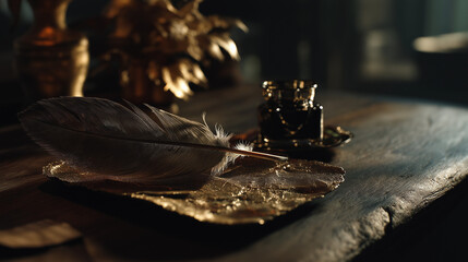 inkwell. A vintage desk featuring a feather quill and inkwell, illuminated by warm side lighting. real-estate listings.