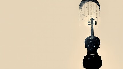 White and black violin with swirling lines & musical notes on dark background, elegant music-themed graphic for concert posters, artistic designs, music event visuals and music project illustrations