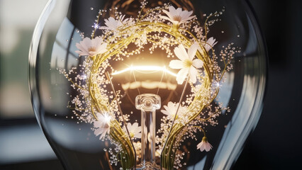 A glowing light bulb with delicate flowers and sparkling particles inside