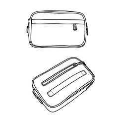 Outline illustration of two toiletry bags with zipper closures.