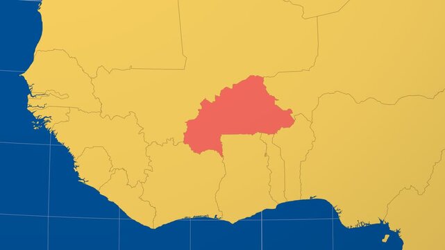 Burkina Faso on Globe. Animated zoom into the country in Ocean Blue Golden Yellow color palette. Burkina Faso logo animation. Map with meridians, parallels. Classy video.