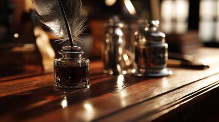 inkwell. A vintage desk featuring a feather quill and inkwell, illuminated by warm side lighting. real-estate listings.