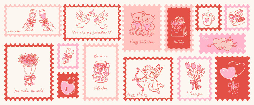 Vintage hand drawn post stamps Valentine day in doodle sketch art. Invitation postal romantic stickers for poster, placard or postcard prints. Vector illustration.