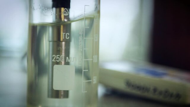 Close-up of a test tube into which a special device is lowered for testing in a liquid.