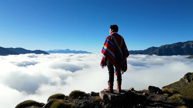 A person in a colorful poncho stands on a mountain peak, looking out over a sea of clouds under a clear blue sky, a breathtaking view of natures grandeur.