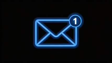 Neon blue email icon with notification alert on black background