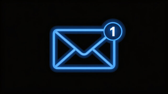 Neon blue email icon with notification alert on black background - Powered by Adobe