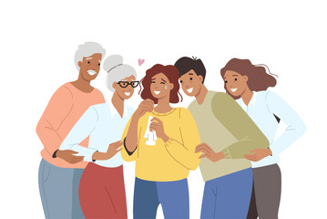 Group psychological help and support from family or friends for crying woman. Psychological support is provided by young and old people who want to save unfortunate girl from stress