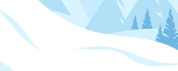 winter horizontal banner with snowy hills with pine trees, gentle slopes and distant mountain silhouettes under pale blue sky